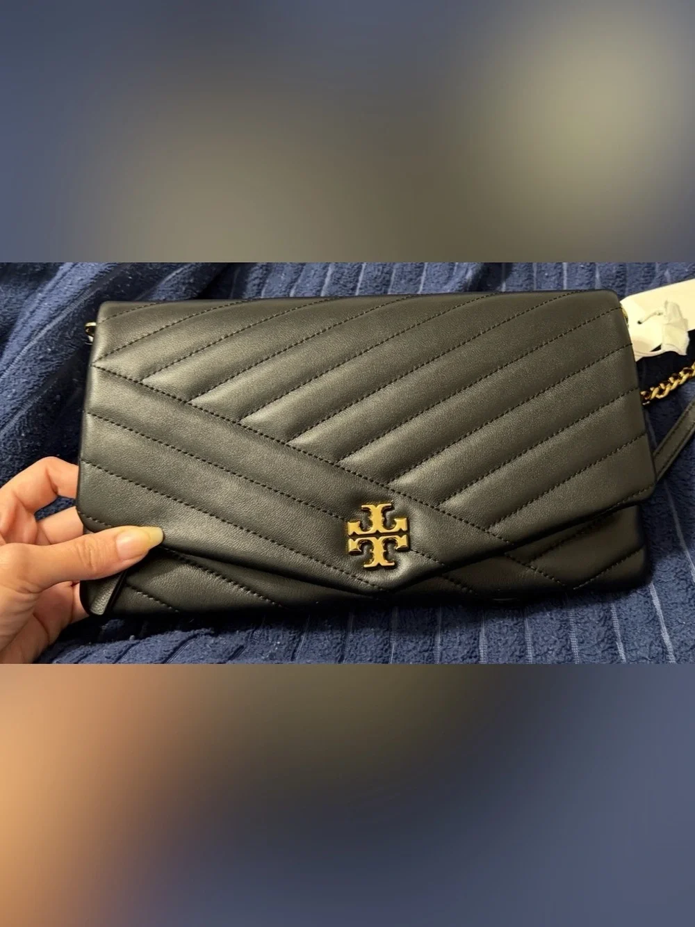 Tory Burch Black Quilted Leather Envelope Crossbody with Gold Logo